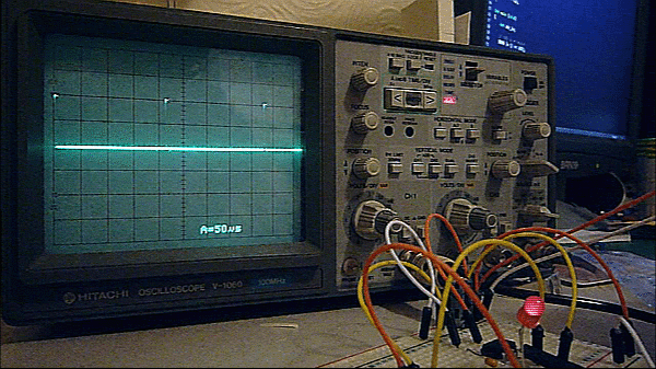 Oscilloscope displaying PWM waveform controlled by potentiometer