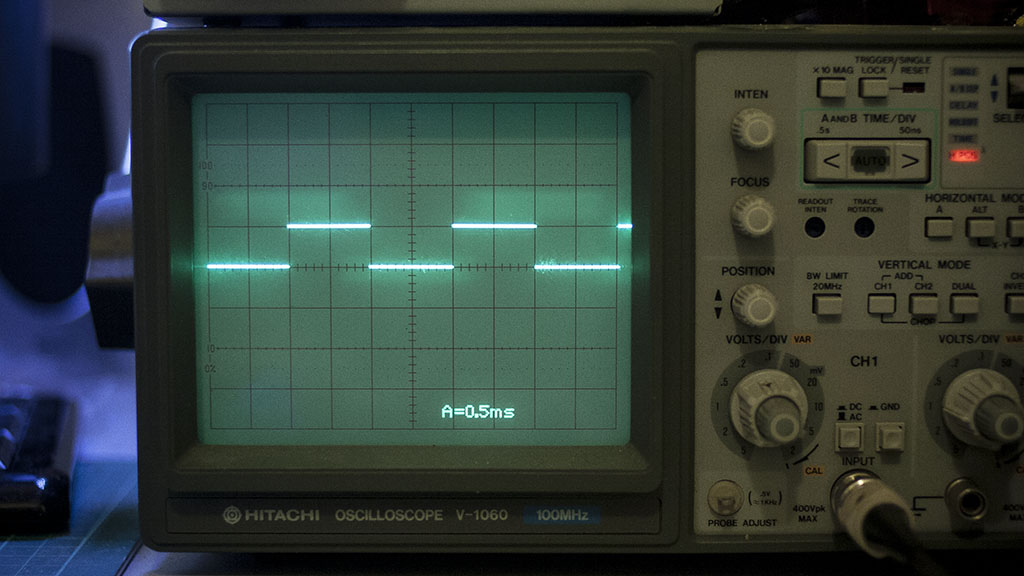 Oscilloscope displaying one millisecond square wave